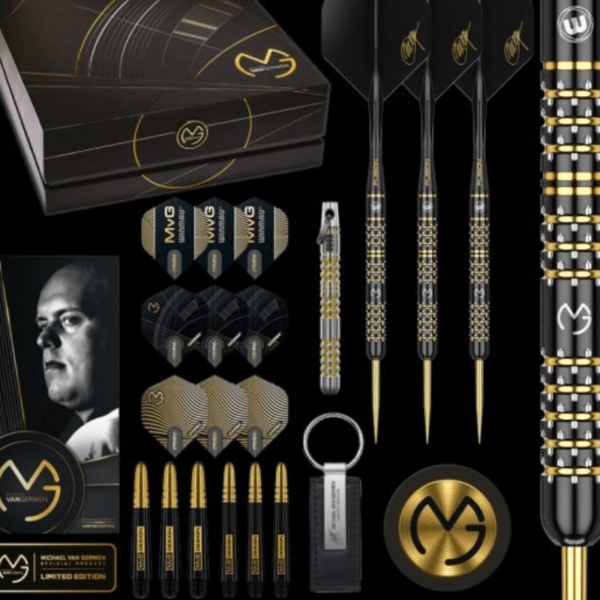 A premium MVG 5-Year Anniversary Gift Box featuring high-quality darts, flights, and exclusive accessories, celebrating five years of Michael van Gerwen’s iconic brand.