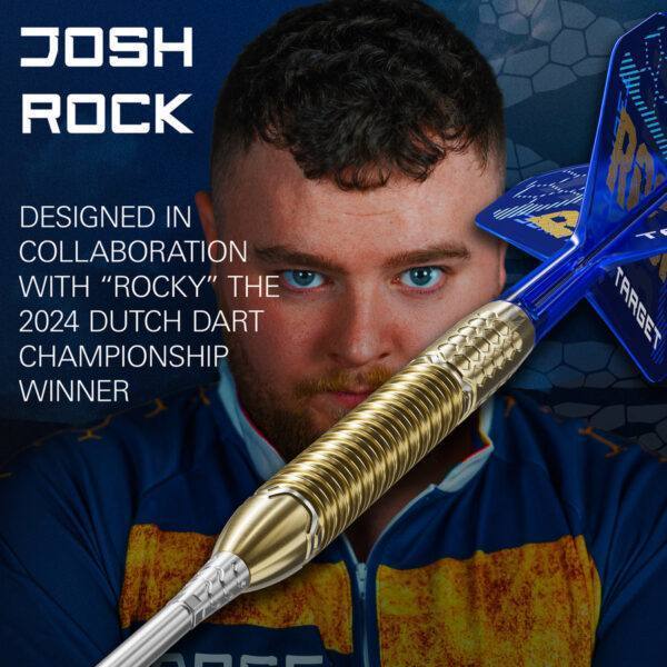 Target Josh Rock Special Edition Darts with 95% tungsten barrels, gold titanium coating, and premium accessories, including K-Flex flights and a signed Josh Rock card.