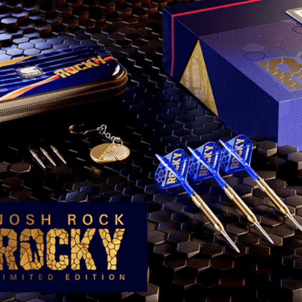 Target Josh Rock Special Edition Darts with 95% tungsten barrels, gold titanium coating, and premium accessories, including K-Flex flights and a signed Josh Rock card.