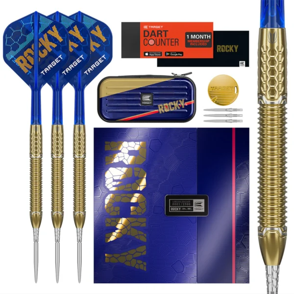 Target Josh Rock Special Edition Darts with 95% tungsten barrels, gold titanium coating, and premium accessories, including K-Flex flights and a signed Josh Rock card.