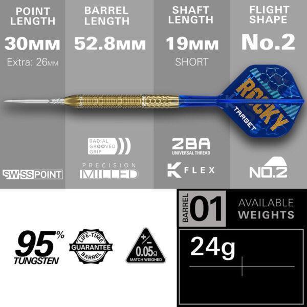 Target Josh Rock Special Edition Darts with 95% tungsten barrels, gold titanium coating, and premium accessories, including K-Flex flights and a signed Josh Rock card.