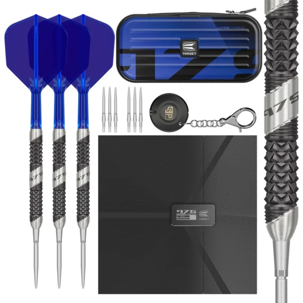 975 Ultra Marine Tungsten Swiss Point Steel Tip Darts Set in blue presentation box