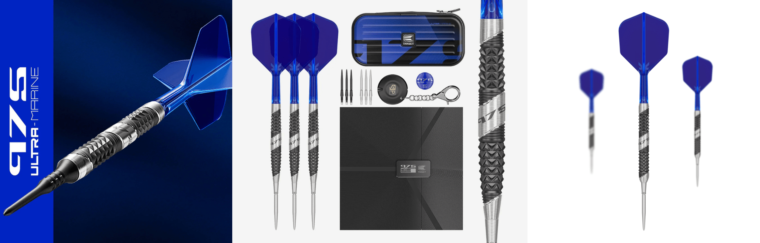 975 Ultra Marine Tungsten Swiss Point Steel Tip Darts Set in blue presentation box