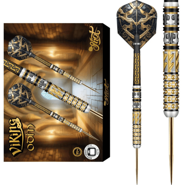 Shot Viking Odin 95% Tungsten Steel Tip Darts Set with Viking-inspired design and precision CNC milling for ultimate control.