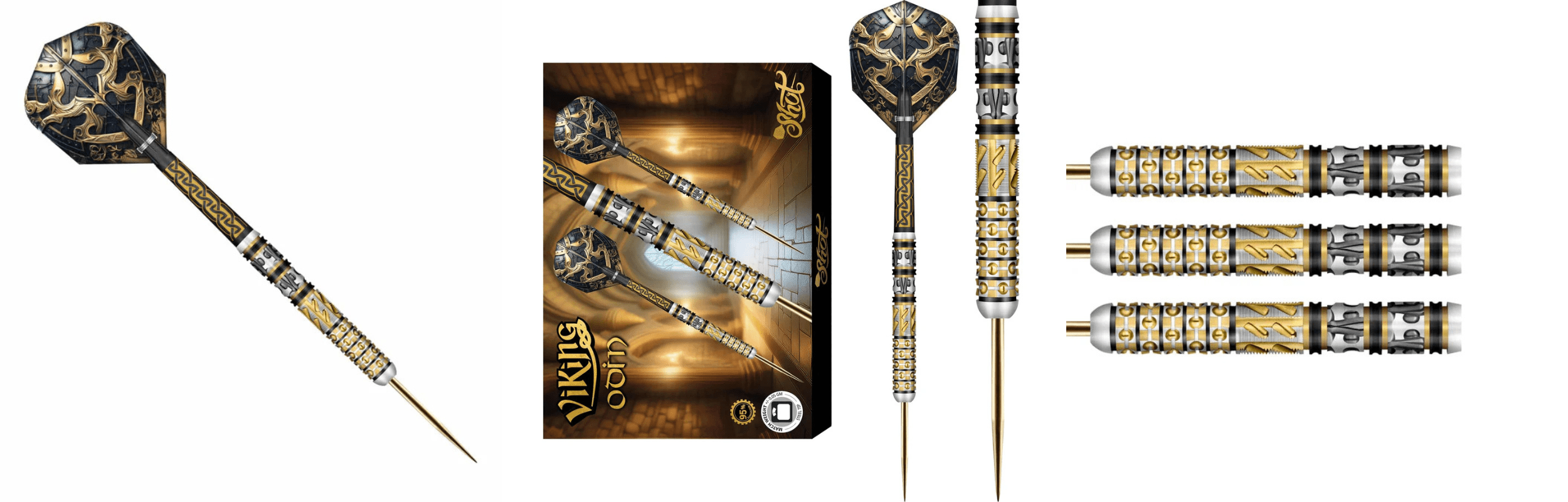 Shot Viking Odin 95% Tungsten Steel Tip Darts Set with Viking-inspired design and precision CNC milling for ultimate control.