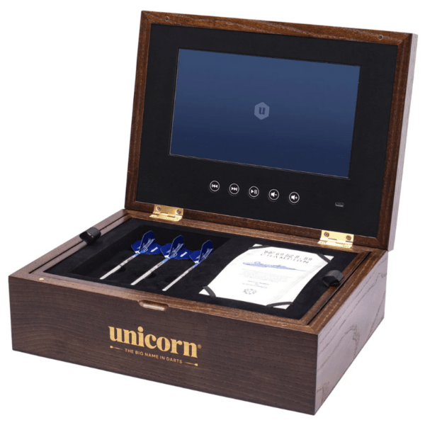 A limited edition Unicorn Gary Anderson 10-Year Commemoration darts set, presented in a premium display case.