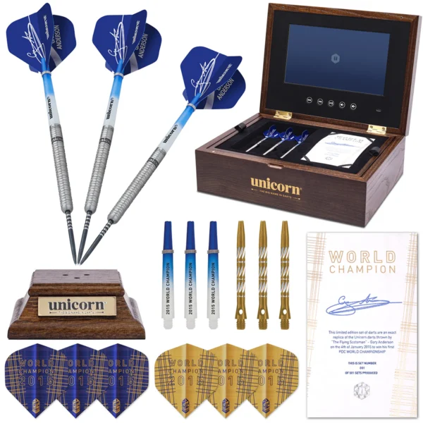 A limited edition Unicorn Gary Anderson 10-Year Commemoration darts set, presented in a premium display case.