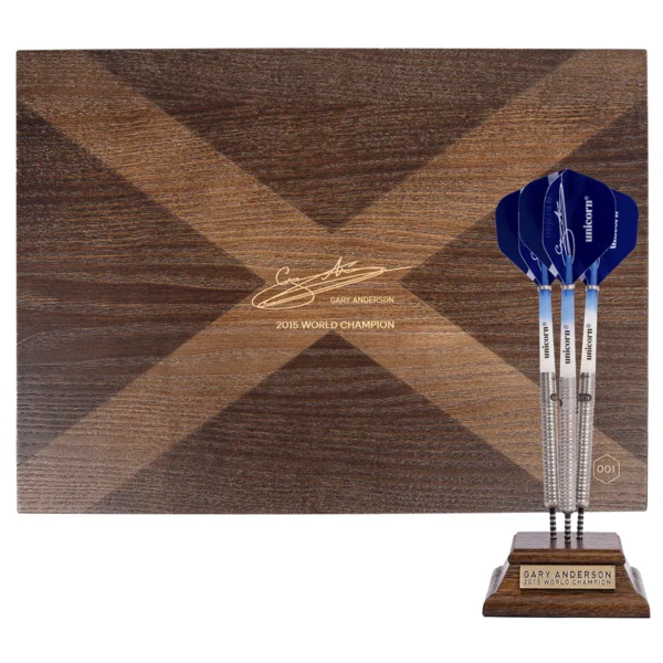 A limited edition Unicorn Gary Anderson 10-Year Commemoration darts set, presented in a premium display case.