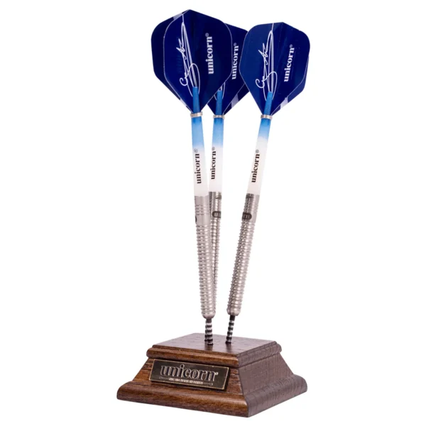 A limited edition Unicorn Gary Anderson 10-Year Commemoration darts set, presented in a premium display case.