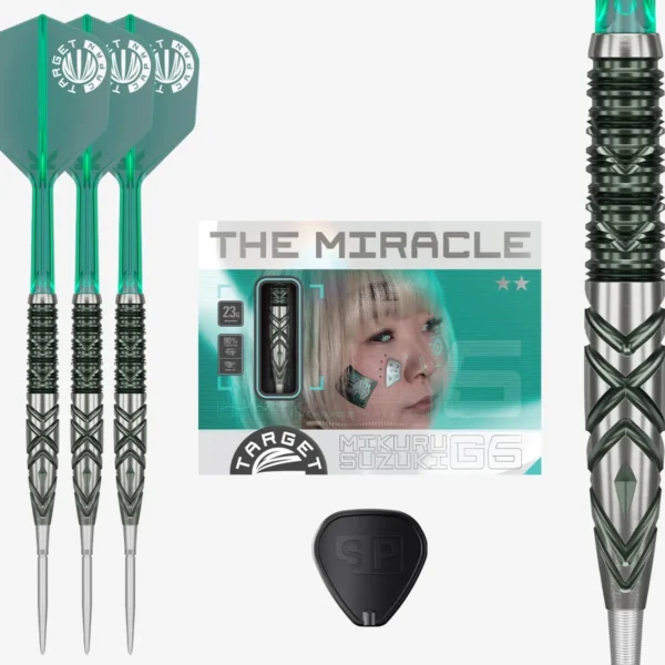 The Miracle G6 SP 95% tungsten darts by Target with Swiss Point technology and Pro Grip shafts.