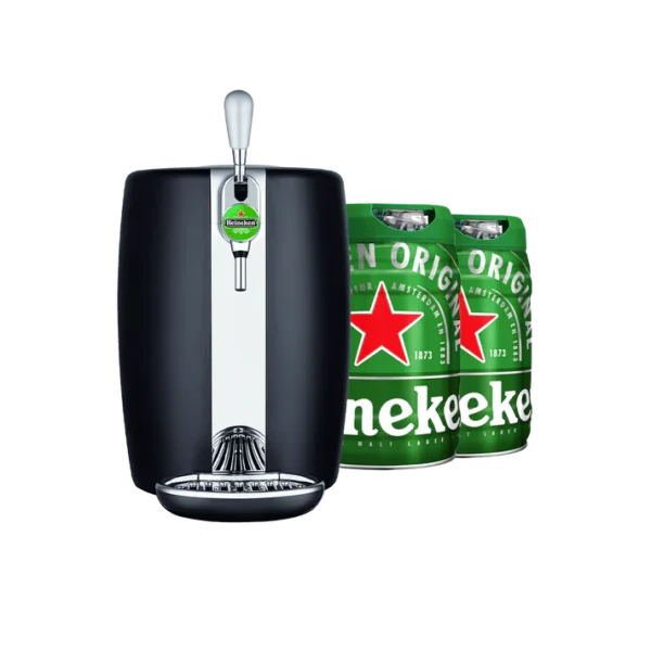 BeerTender Heineken Bundle with Krups draught machine and two 5L Heineken kegs on a counter