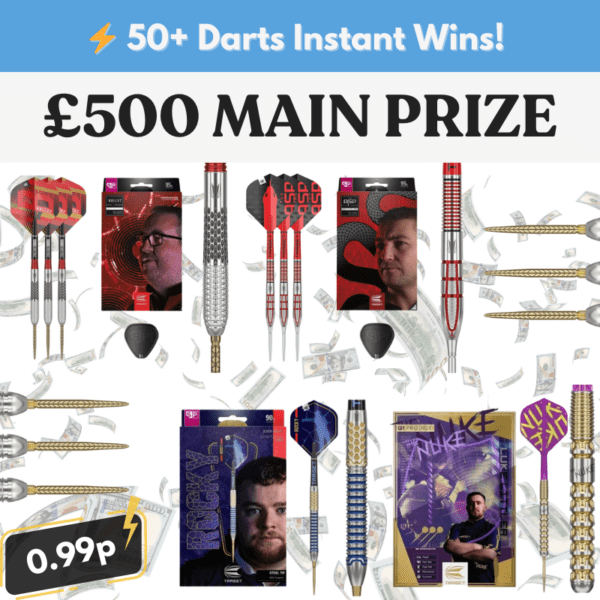 Instant Win competition with top darts sets and a £500 grand prize.