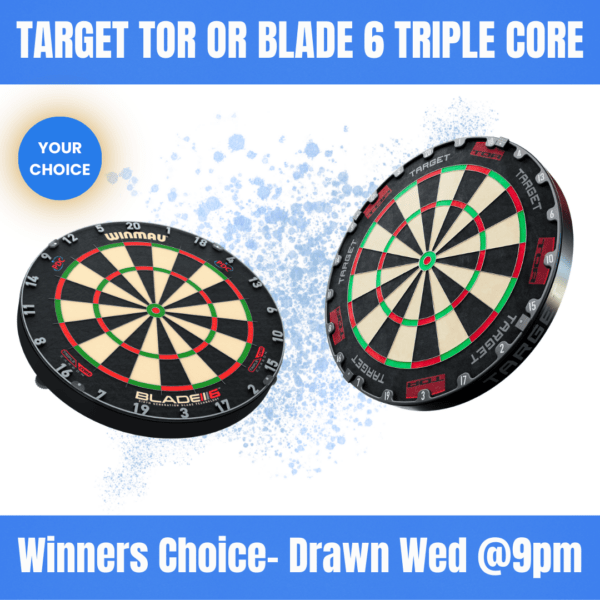 Winmau Blade 6 Triple Core and Target TOR dartboard side-by-side for raffle winner's choice