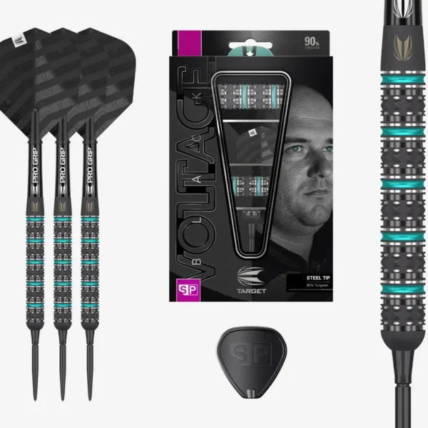 Rob Cross Black Edition darts set with packaging shown, prize image for darts competition closing Wednesday 28th at 9pm.