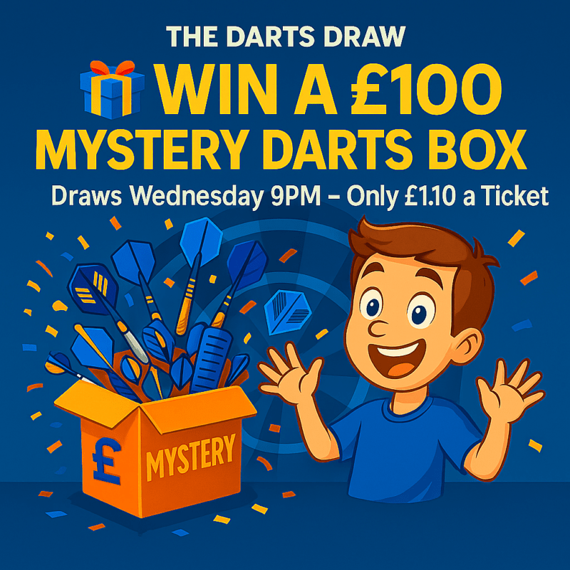 Promotional image for The Darts Draw £100 Mini Mystery Box competition, featuring a cartoon-style exploding darts box, excited mascot, and text that reads ‘Win a £100 Mystery Darts Box – Draws Wednesday 9PM – Only £1.10 a Ticket’.