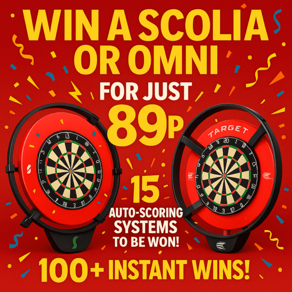 Promotional image for The Darts Draw’s 'Auto-Scorer Showdown' competition featuring Scolia and Omni scoring systems. Text highlights 100+ instant wins, a £500 cash prize, and entry for just 89p.