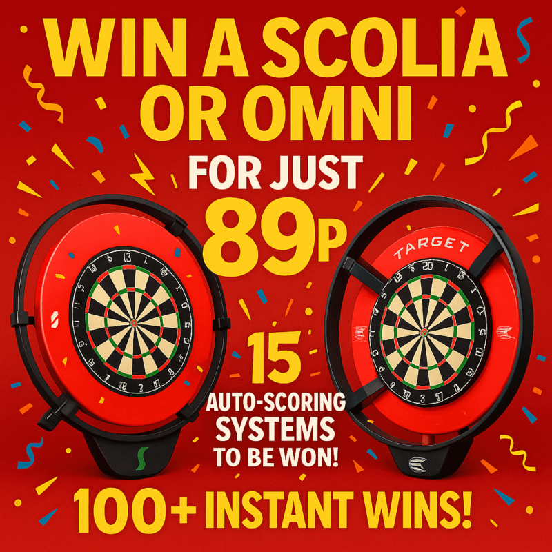 Promotional image for The Darts Draw’s 'Auto-Scorer Showdown' competition featuring Scolia and Omni scoring systems. Text highlights 100+ instant wins, a £500 cash prize, and entry for just 89p.