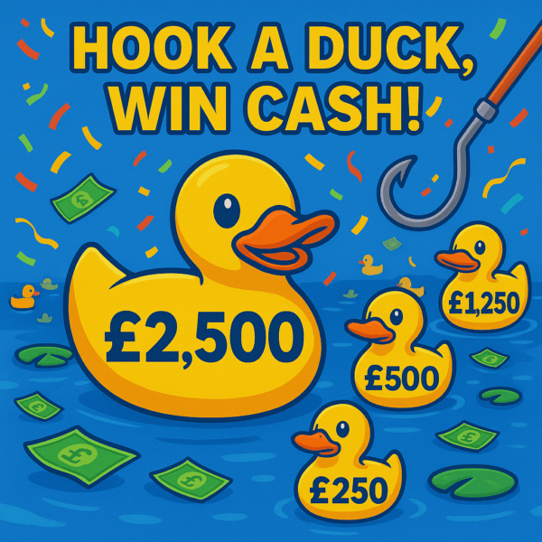 Cartoon ducks floating on a pond with bold prize labels like £2,500, £1,250, £500, and £250. A hook reaches toward one of the ducks as confetti and cash surround the scene.