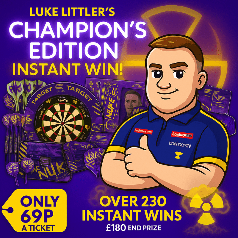 Cartoon image of Luke ‘The Nuke’ Littler promoting his Champion’s Edition Instant Win Competition with prize details and bold branding.