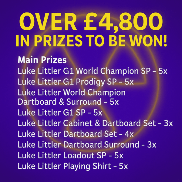 Prize list breakdown for the Luke Littler Instant Win Competition with detailed prize tiers.