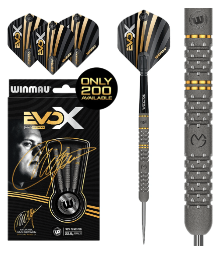 Michael van Gerwen Evo-X darts set, hand-signed by the legend, with a certificate of authenticity.
