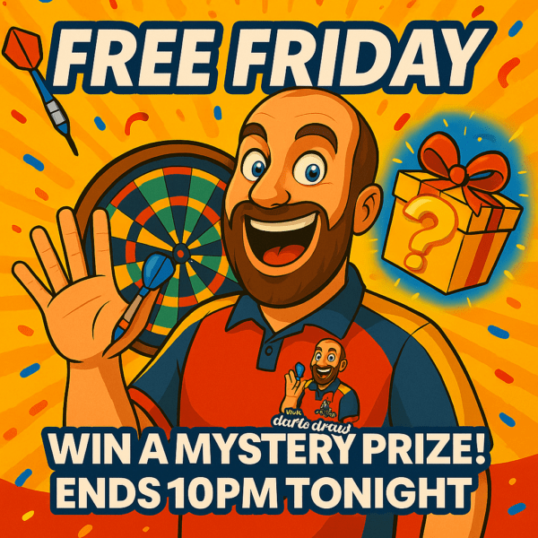A fun and colourful darts-themed image featuring the text “Free Competition – Mystery Prize!” with dartboards, wrapped gift boxes, and question marks.