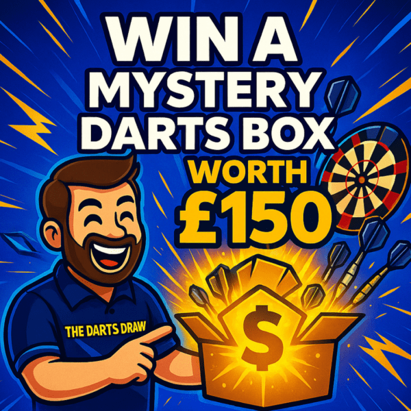 Cartoon promo image for The Darts Draw’s £150 Mystery Box competition featuring a glowing box, dartboard, and excited winner character