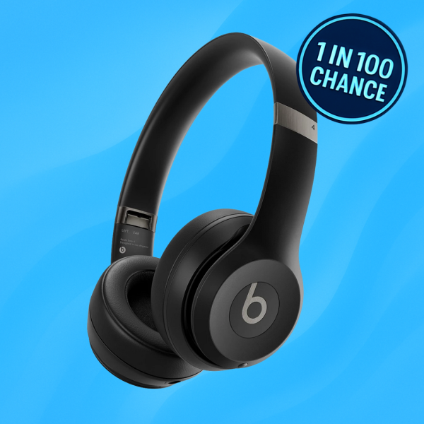 Bold blue promotional background with "1 in 100 Chance" badge in the corner, designed to showcase Beats Solo 4 headphones raffle
