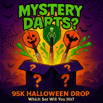 Halloween-themed Mystery Darts 95K Drop graphic with spooky darts bursting from a glowing mystery box, surrounded by bats, slime, and cobwebs.