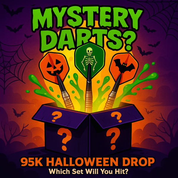 Halloween-themed Mystery Darts 95K Drop graphic with spooky darts bursting from a glowing mystery box, surrounded by bats, slime, and cobwebs.