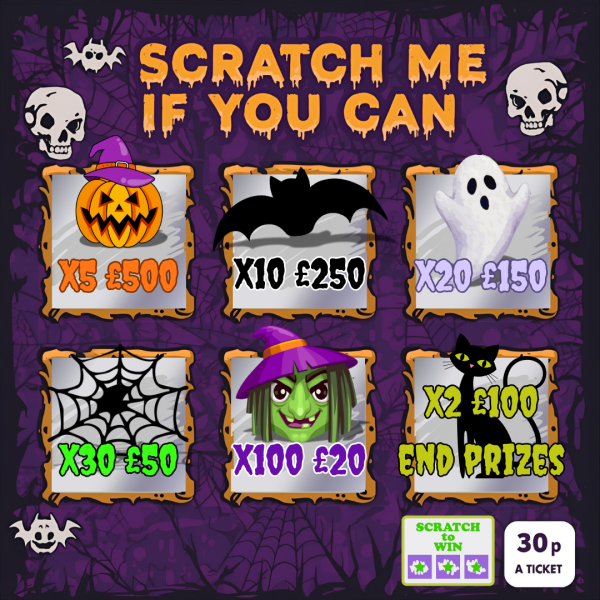 A spooky Halloween scratch card design with pumpkins, ghosts, bats, spider webs, and bold text highlighting “Scratch Me If You Can: 30p Wicked Wins – Over £16,000 in Prizes.”