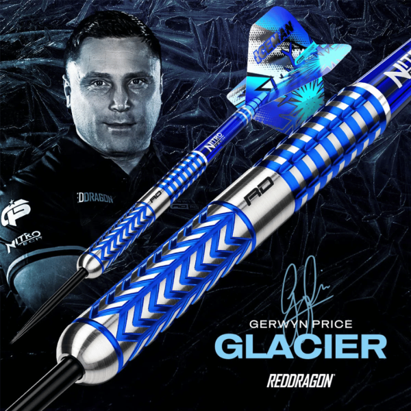 Gerwyn Price Glacier Darts set with frosted grip design – prize giveaway with £60 cash alternative option.