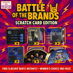 Battle of the Brands scratch card competition poster featuring vibrant rock-style artwork, lightning bolts, and six scratch-off areas representing top dart brands