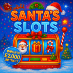 Christmas-themed slot machine with Santa, candy canes, and snowmen, promoting The Darts Draw’s Santa’s Slots instant win competition to win up to £2,000 instantly.
