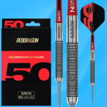 Red Dragon 50YR Element 6 darts set with premium packaging displayed for a prize.