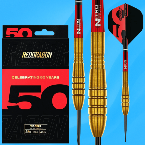 Red Dragon 50YR darts set with premium packaging displayed for a prize.