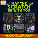 May the Scratch Be With You instant win competition graphic featuring six scratch panels, cosmic themed background, and £600 Darth Vader Lightsaber Edition SP end prize highlighted at the bottom.