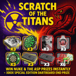 Cartoon “Scratch of the Titans” artwork showing Nuke vs Asp battle theme with instant win prizes including darts, wallets, dartboards, watches and Xbox bundles. Bright split design in purple and red with explosive energy and scratch-card layout.