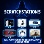 Scratchstation 5 PlayStation instant win competition image showing PS5 prizes and six scratch panels.