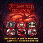 Stranger Scratch 5 instant win darts competition featuring Omni and Scolia dartboards, scratch card prizes, low odds instant wins and a winner’s choice end prize