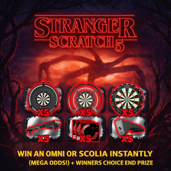 Stranger Scratch 5 instant win darts competition featuring Omni and Scolia dartboards, scratch card prizes, low odds instant wins and a winner’s choice end prize