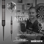 Rare and discontinued Dimitri Van den Bergh Unicorn Noir darts in 24g shown in official packaging, with a £50 cash alternative available.
