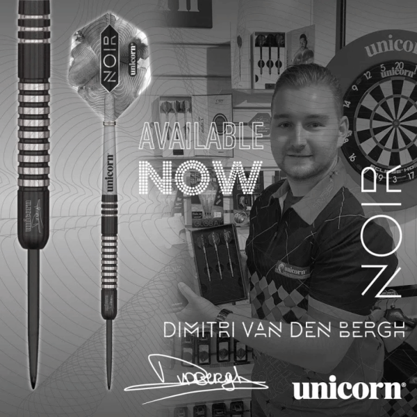 Rare and discontinued Dimitri Van den Bergh Unicorn Noir darts in 24g shown in official packaging, with a £50 cash alternative available.