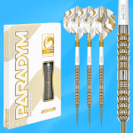 New Red Dragon Paradym darts in gold and silver parallel finishes shown in official packaging, with a £65 cash alternative available.