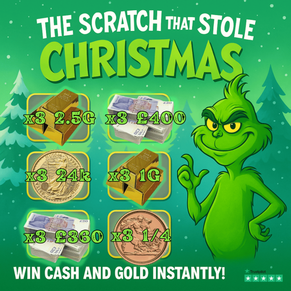 Grinch-style Christmas scratch card titled The Scratch That Stole Christmas with instant win gold theme.
