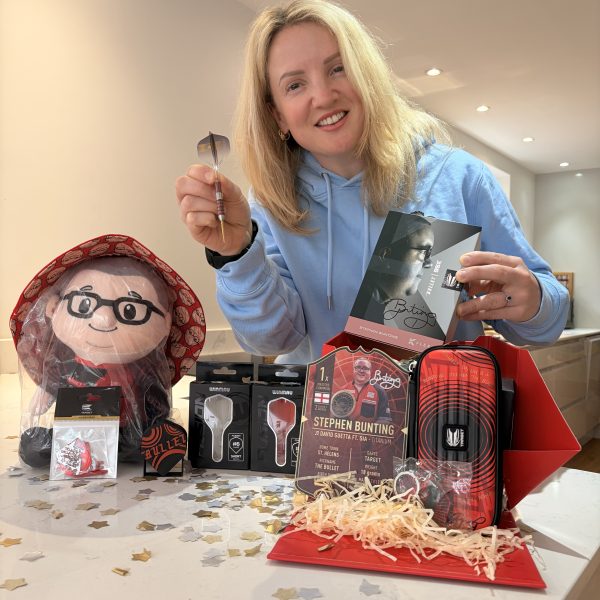 Stephen Bunting Mega Bundle including hand-signed 95Ks, plushy toy, ultimate card, Takoma wallet, keyring, flights, and dart display stand