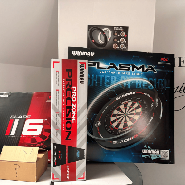 Complete darts starter bundle including triple core dartboard, light, surround, oche mat and mystery darts