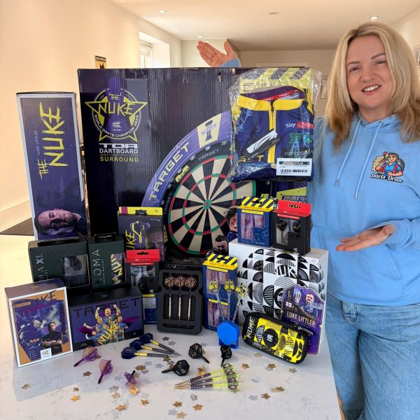 Luke “The Nuke” Littler mega darts bundle including signed card, darts sets, dartboard, surround and accessories