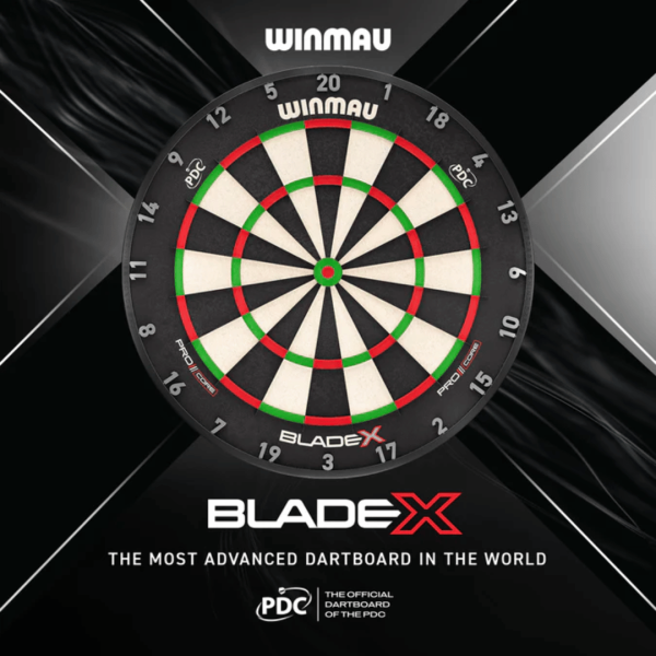 Target Winmau Blade X official PDC dartboard mounted and ready for play