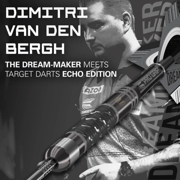 Image showing the Dimitri Van den Bergh Target Echo 24g darts set, featuring a precision-machined barrel design with Target branding and packaging.
